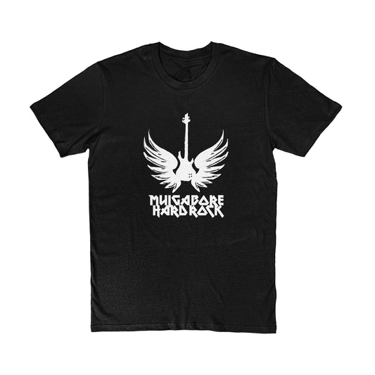 Black t-shirt with white graphic design of original band logo